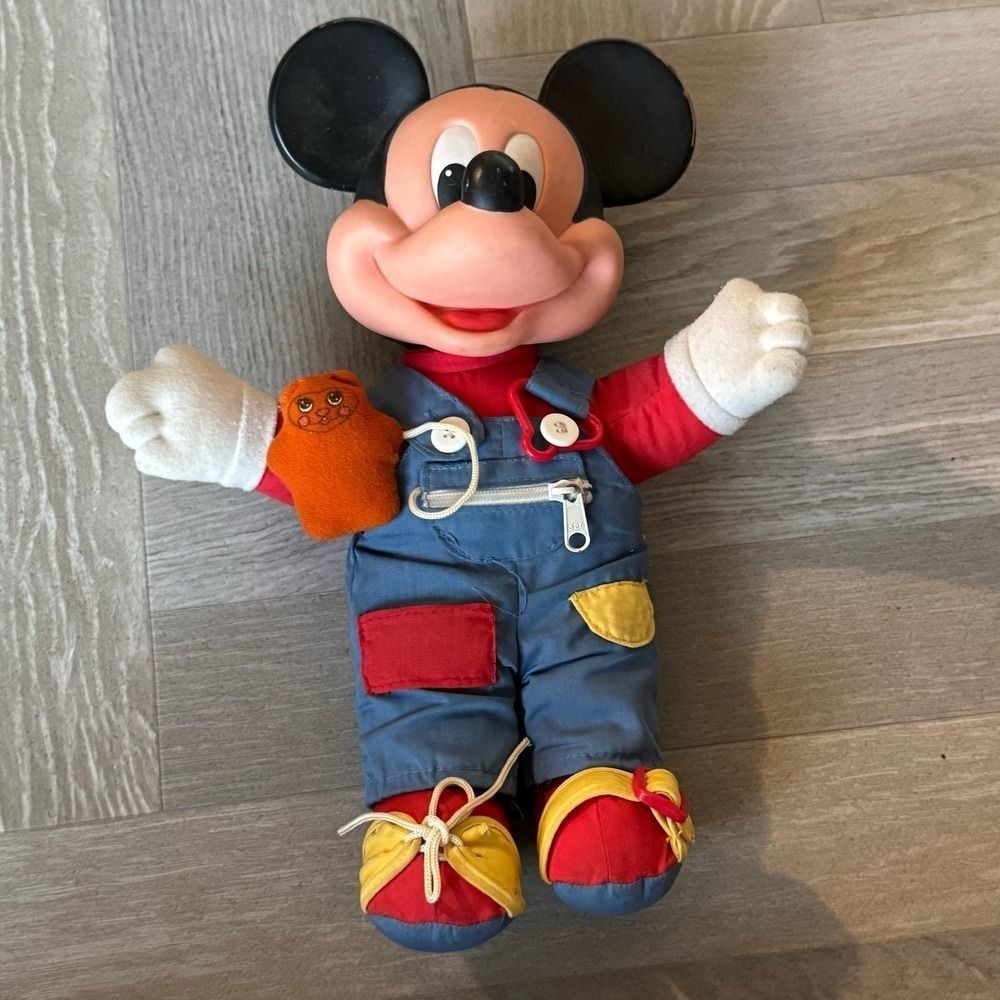 Vintage Disney Mickey Mouse Dressed to Learn 14in Plush Vinyl Head Overalls Toy
